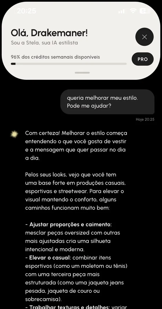 Stela, the CLO app’s AI stylist, answering a request to improve the user’s style, with 96% of weekly credits left